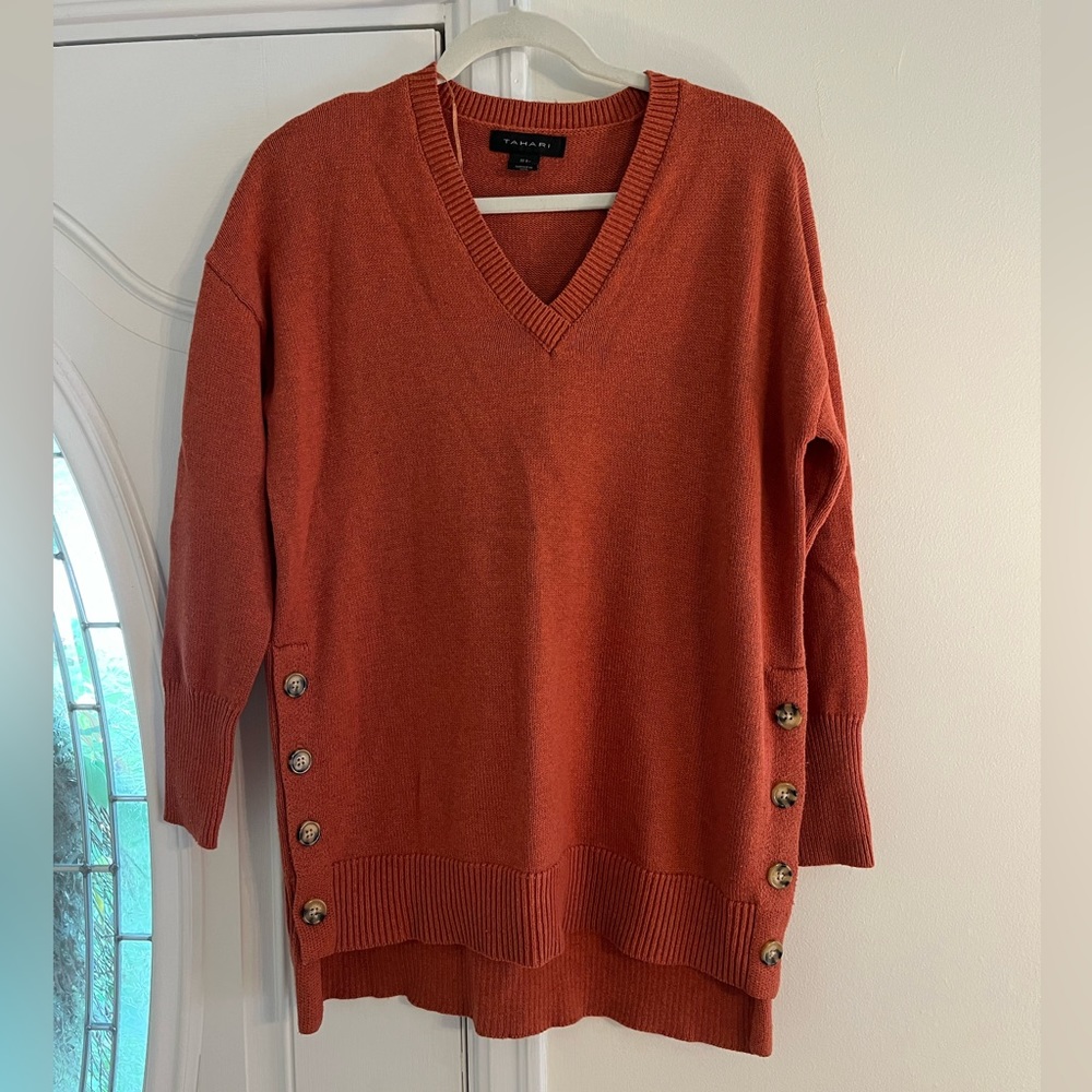 Orange rust Tahari sweater with button details
